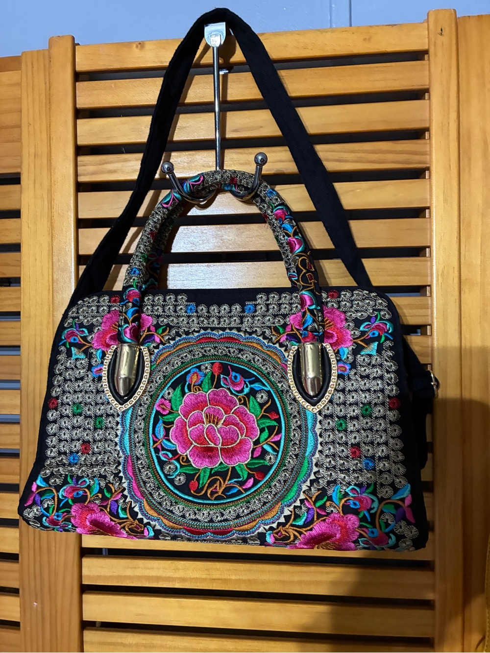 Source Unknown Black Shoulder Bag with Pink Embroidered Floral Medallion